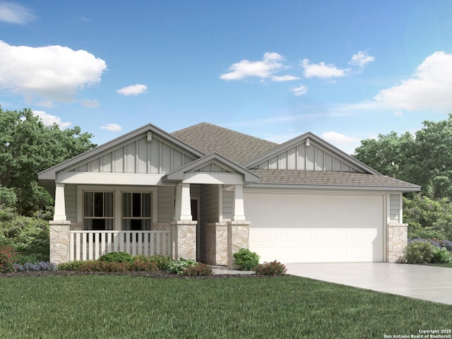 craftsman-style house featuring a front yard, covered porch, and a garage