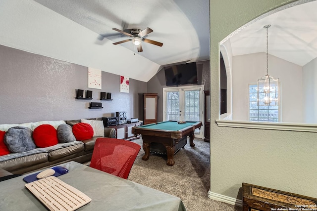 rec room featuring a textured ceiling, lofted ceiling, billiards, carpet flooring, and ceiling fan