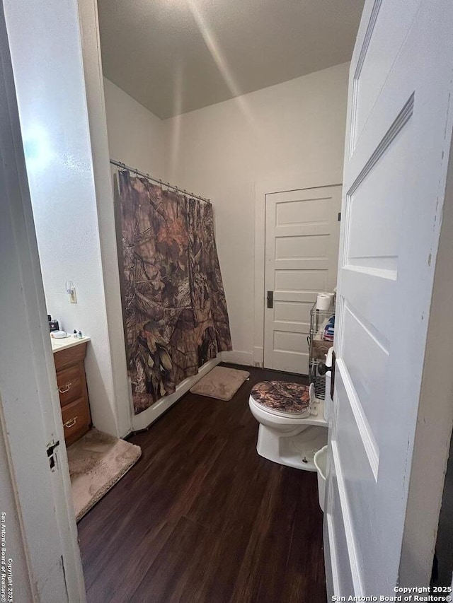 bathroom featuring toilet, hardwood / wood-style floors, and vanity