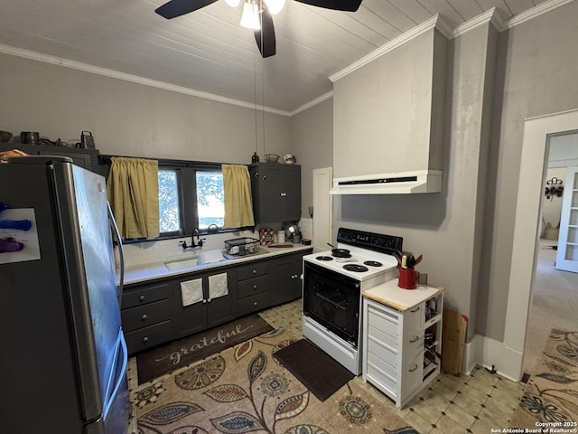 kitchen featuring ceiling fan, sink, crown molding, white electric stove, and stainless steel fridge