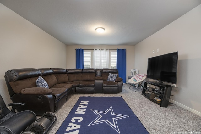 living room featuring carpet floors and a textured ceiling