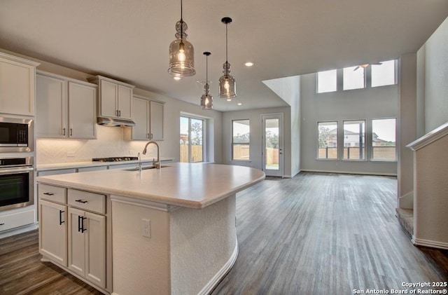 kitchen featuring appliances with stainless steel finishes, white cabinets, a center island with sink, and sink