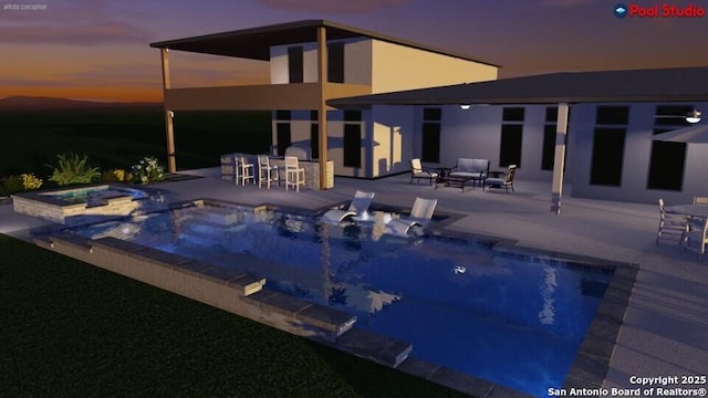 pool at dusk featuring an in ground hot tub, an outdoor bar, an outdoor hangout area, and a patio area