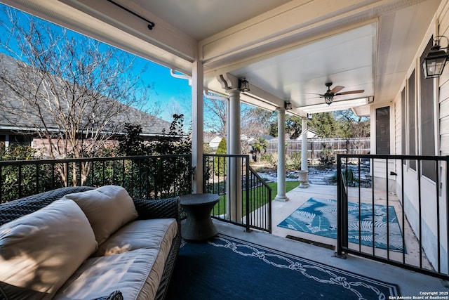 exterior space featuring a patio, an outdoor hangout area, and ceiling fan