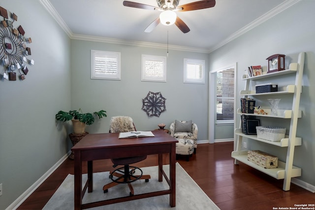 home office featuring dark hardwood / wood-style flooring, ornamental molding, and ceiling fan