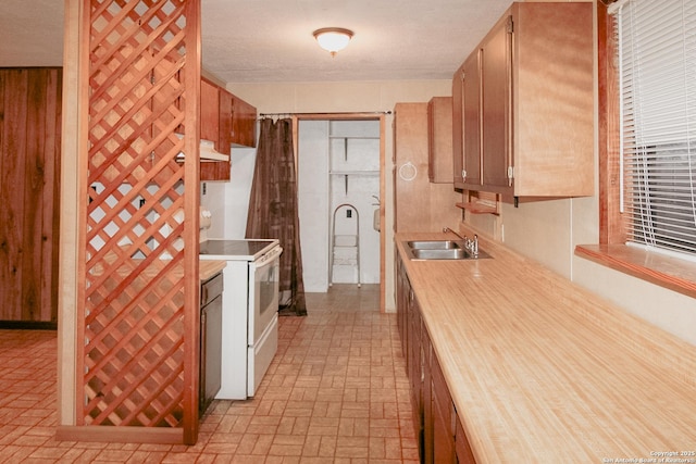 kitchen with wood walls, sink, and white electric range