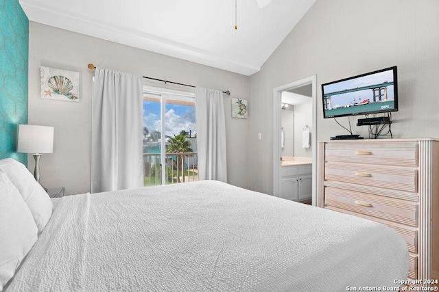 bedroom with ensuite bathroom, access to outside, and vaulted ceiling