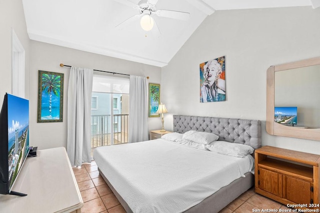 bedroom with ceiling fan, access to exterior, light tile patterned floors, and vaulted ceiling