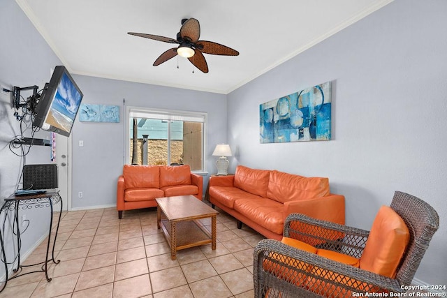 tiled living room with ceiling fan and crown molding