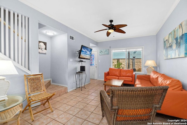 tiled living room featuring ceiling fan