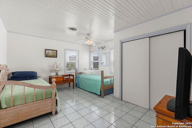 bedroom with ceiling fan and a closet