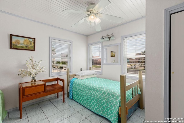 bedroom with ceiling fan and wood ceiling