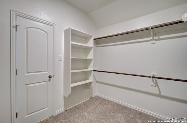 spacious closet with light colored carpet and lofted ceiling