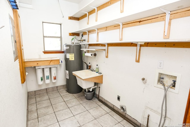 washroom featuring hookup for a washing machine, electric dryer hookup, electric water heater, and sink