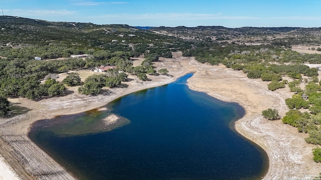 drone / aerial view with a water and mountain view