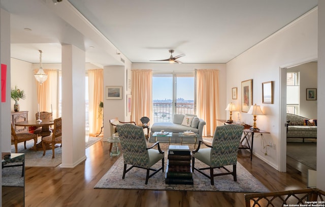 interior space with hardwood / wood-style flooring and ceiling fan