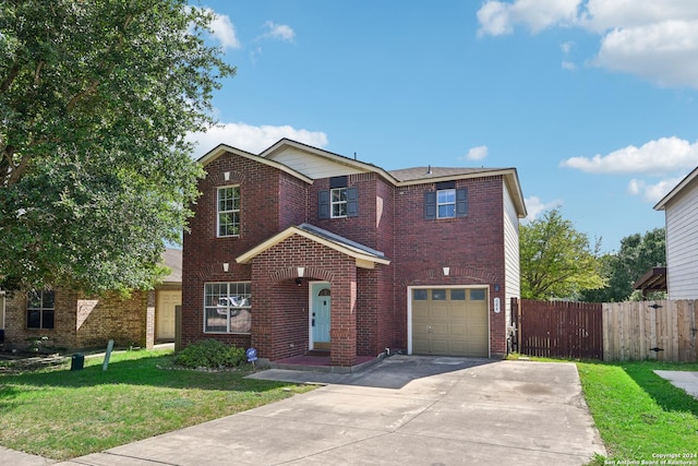 front facade with a garage and a front lawn