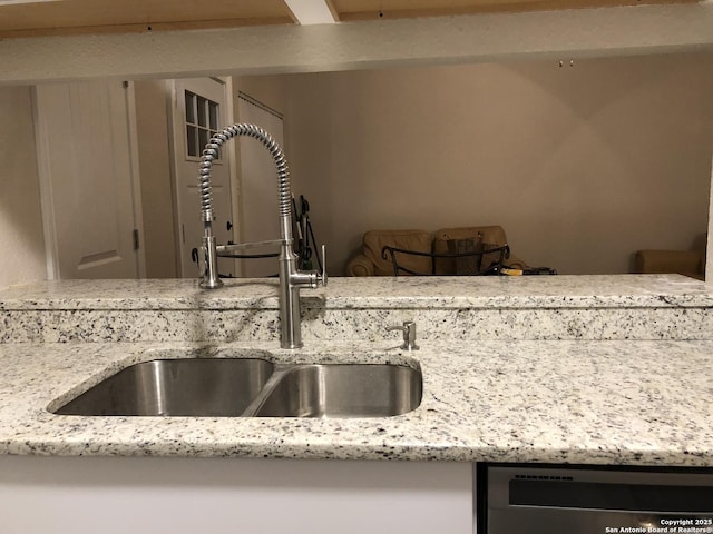 room details with light stone counters, sink, and stainless steel dishwasher