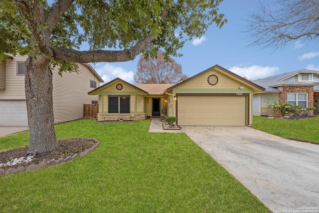 ranch-style home featuring a front lawn and a garage