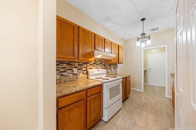 kitchen with backsplash, electric range, hanging light fixtures, light stone countertops, and a chandelier