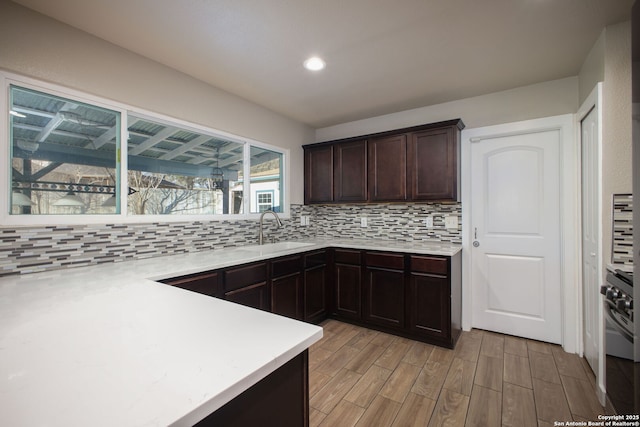 kitchen with decorative backsplash, light hardwood / wood-style flooring, dark brown cabinetry, and sink