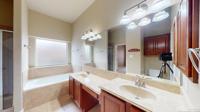 full bathroom with toilet, vanity, and plus walk in shower