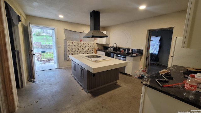 kitchen featuring dishwasher, a center island, white cabinetry, sink, and island range hood