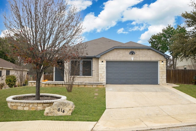 single story home with a garage and a front yard