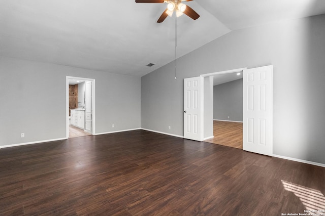 unfurnished room featuring lofted ceiling, wood-type flooring, and ceiling fan