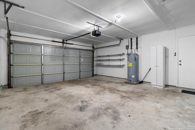 garage with water heater and a garage door opener