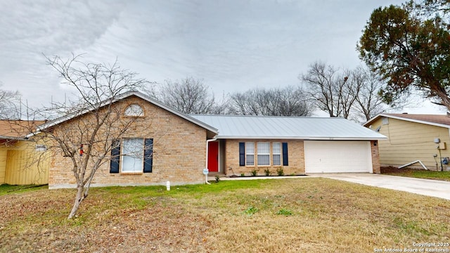 ranch-style home with a garage and a front lawn