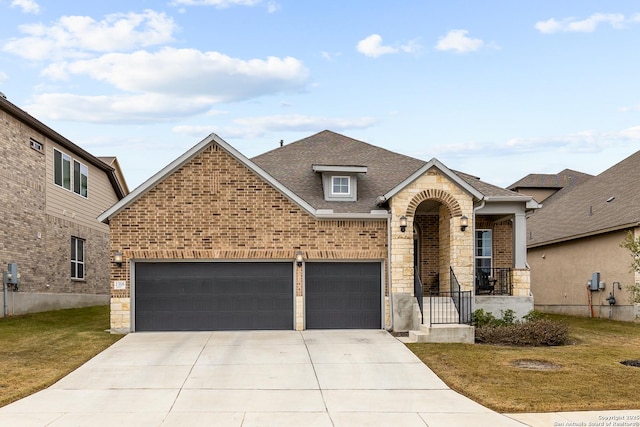 view of front of home with a garage and a front lawn