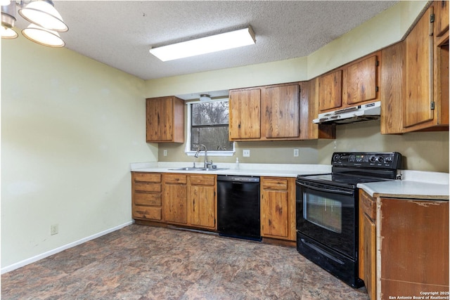 kitchen featuring sink, a textured ceiling, and black appliances