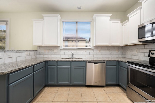 kitchen with gray cabinets, tasteful backsplash, white cabinetry, sink, and stainless steel appliances