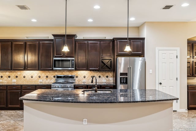 kitchen with decorative light fixtures, a kitchen island with sink, sink, and high quality appliances