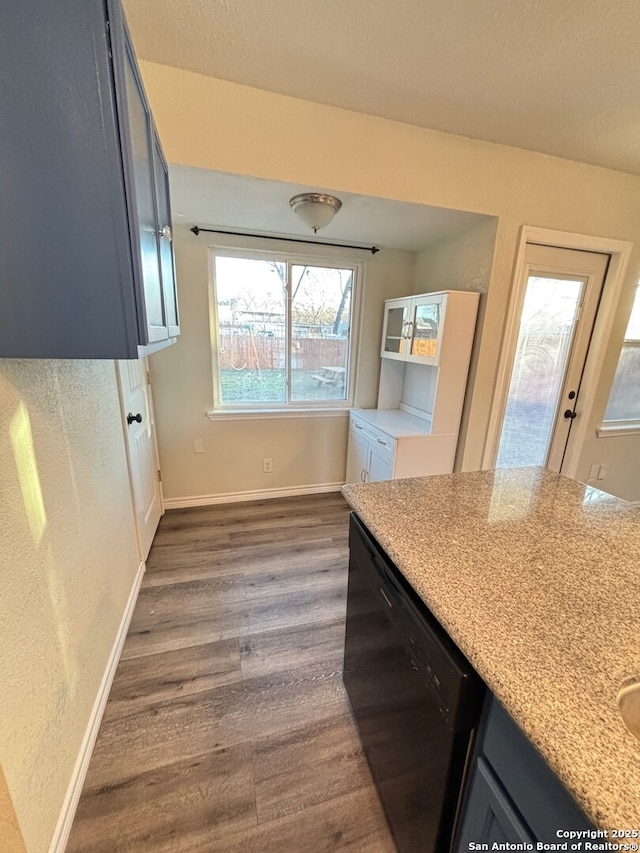 kitchen featuring light stone counters, dark wood-type flooring, and dishwasher