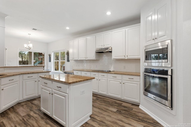 kitchen with under cabinet range hood, visible vents, appliances with stainless steel finishes, and dark wood finished floors