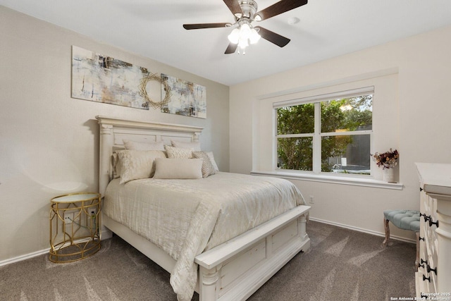 bedroom with carpet, a ceiling fan, and baseboards