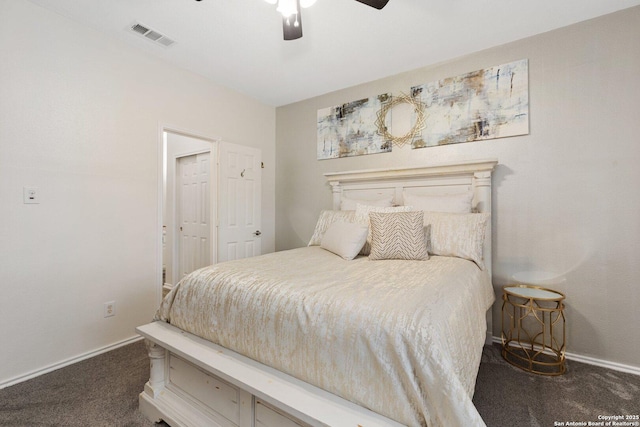 bedroom with a ceiling fan, carpet flooring, visible vents, and baseboards