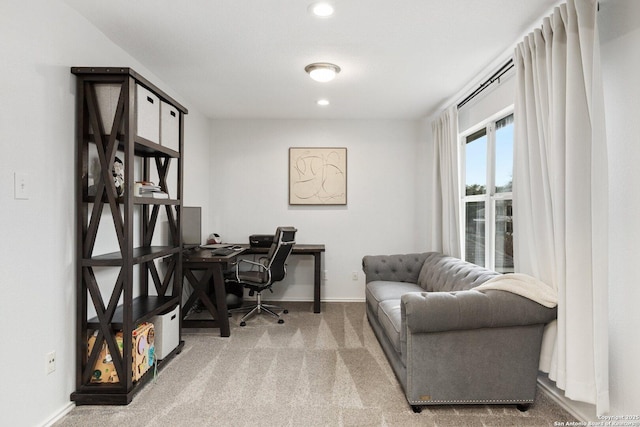 office area featuring carpet, baseboards, and recessed lighting