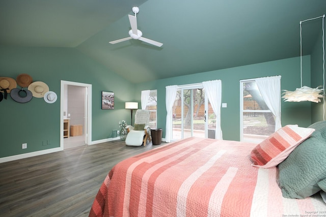 bedroom with ceiling fan, connected bathroom, dark hardwood / wood-style flooring, and lofted ceiling