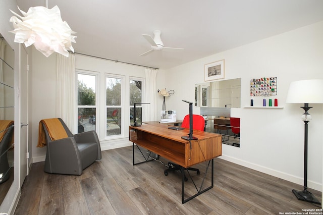 home office with ceiling fan and hardwood / wood-style floors