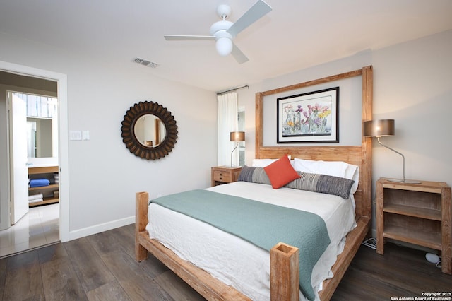 bedroom with ceiling fan and dark hardwood / wood-style floors