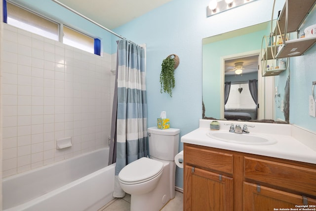 full bathroom featuring shower / bath combo with shower curtain, toilet, and vanity