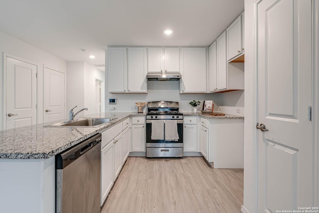 kitchen with sink, light hardwood / wood-style floors, white cabinetry, and stainless steel appliances