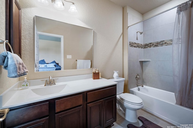 full bathroom featuring vanity, toilet, and shower / tub combo with curtain