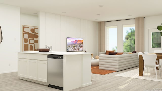 living room with light hardwood / wood-style floors and sink