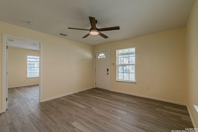 foyer featuring ceiling fan, a healthy amount of sunlight, and light hardwood / wood-style flooring