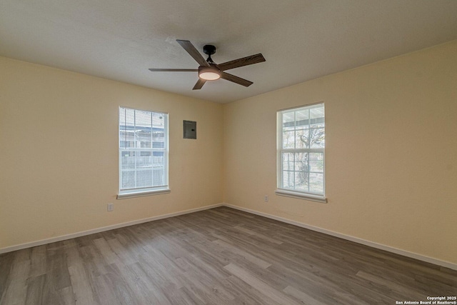 spare room featuring hardwood / wood-style flooring, electric panel, and ceiling fan