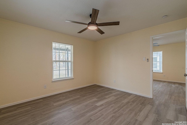 empty room with ceiling fan and light hardwood / wood-style flooring